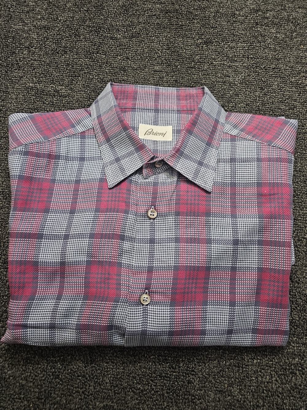 Brioni 100% Cotton Red and Grey Glen Plaid Button-Down Long Sleeve Shirt Mens XL